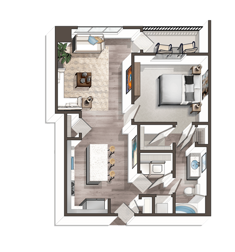 Floor plan for 1 bed, 1 bath, 692 sqft